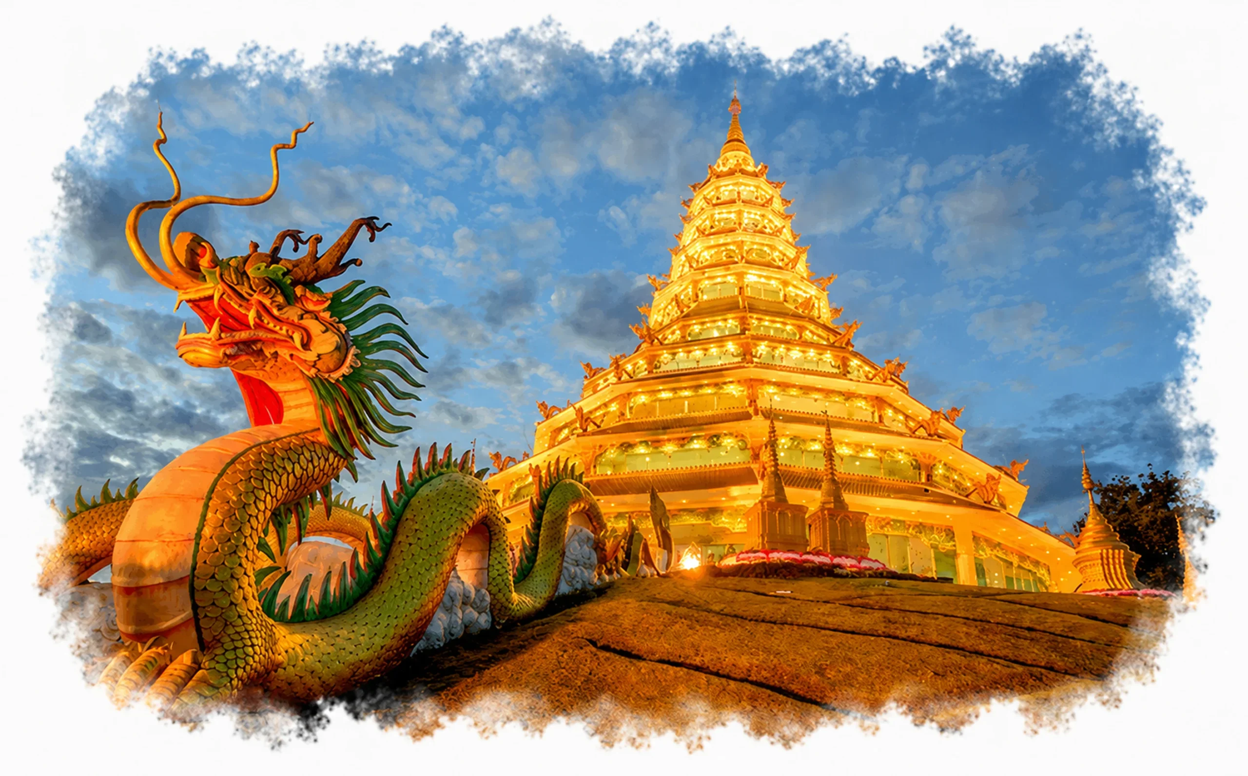 Golden temple and dragon statue in Thailand